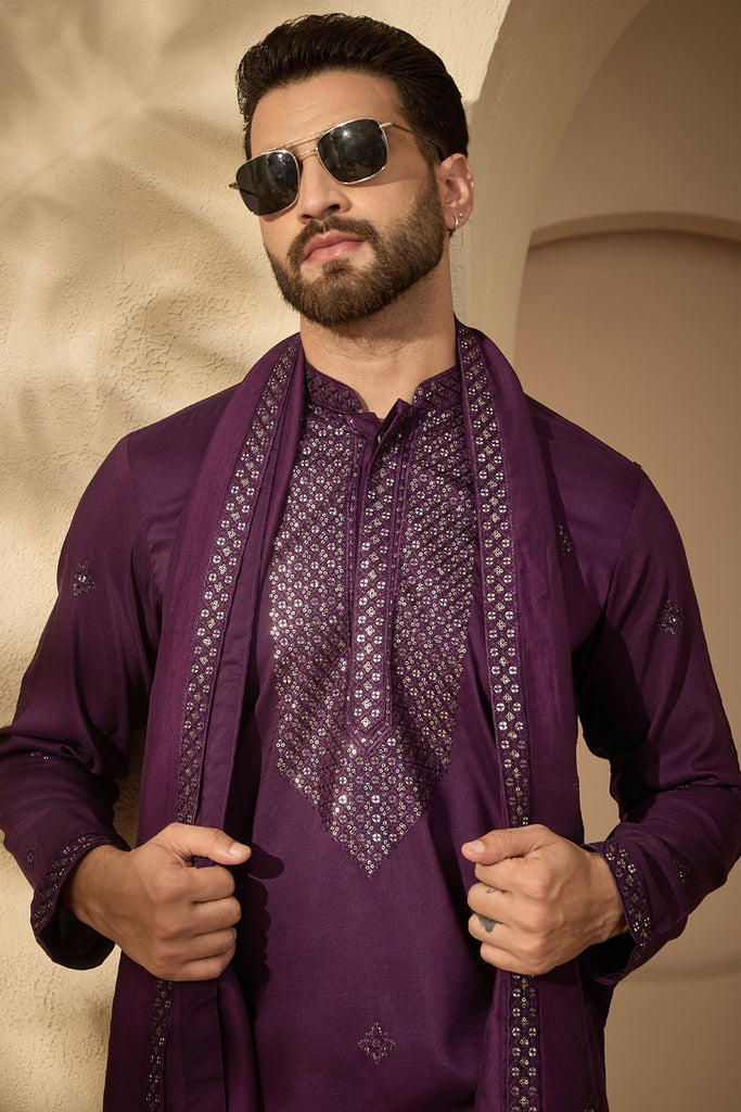 Violet Silk Blend Solid Embroidered Mandarin Collar Kurta & Trouser With Dupatta MKPD1078
