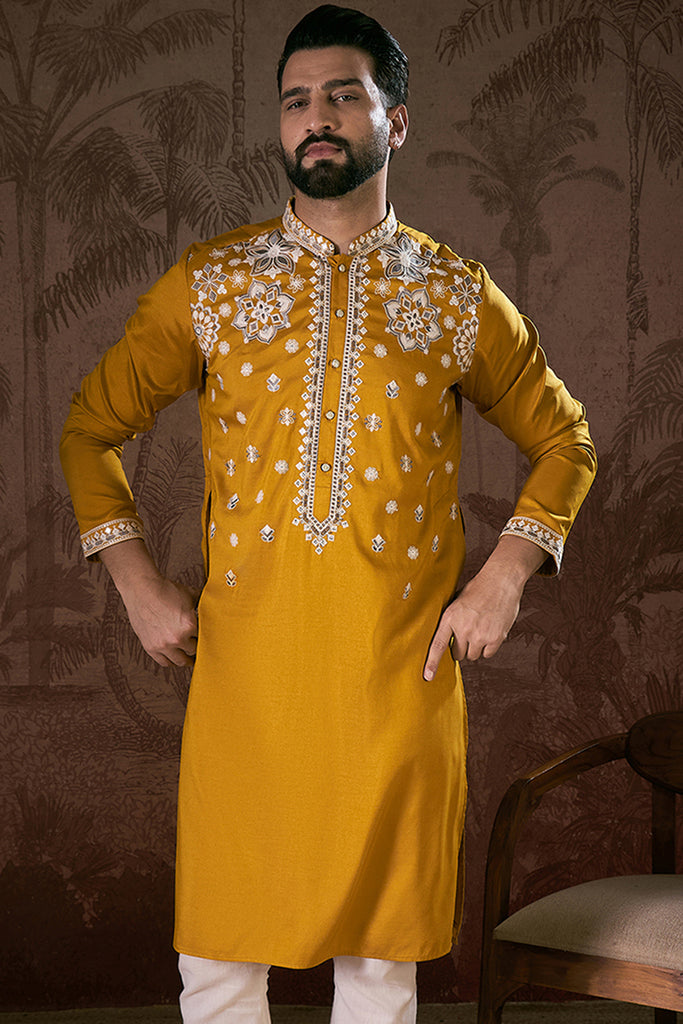 Mustard Silk Blend Solid Embroidered Straight Kurta MKU1796
