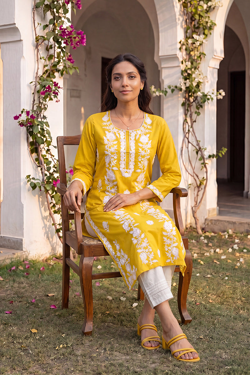 Yellow Viscose Rayon Solid Embroidered Regular Kurta VCK9816