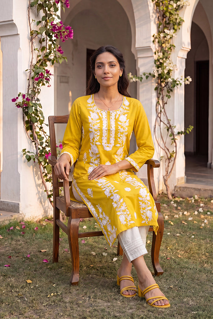 Yellow Viscose Rayon Solid Embroidered Regular Kurta VCK9816