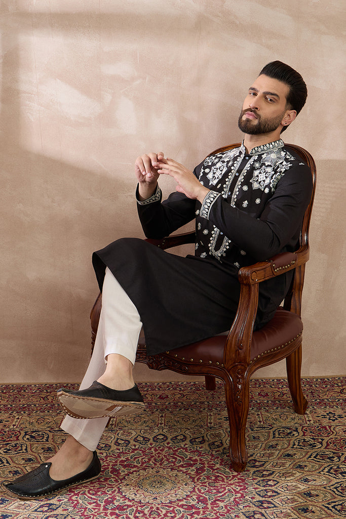 Black Silk Blend Embroidered Mandarin Collar Straight Kurta With Trouser MKSET1884
