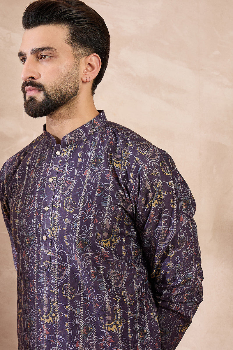 Violet Silk Blend Ethnic Motifs Printed Straight Kurta MKU1954