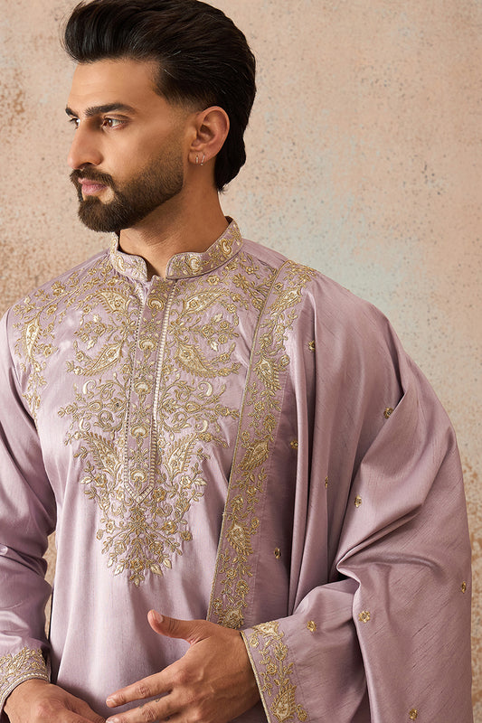 Lavender Zari Embroidered Silk Blend Kurta with Trousers & Dupatta MKPD1047