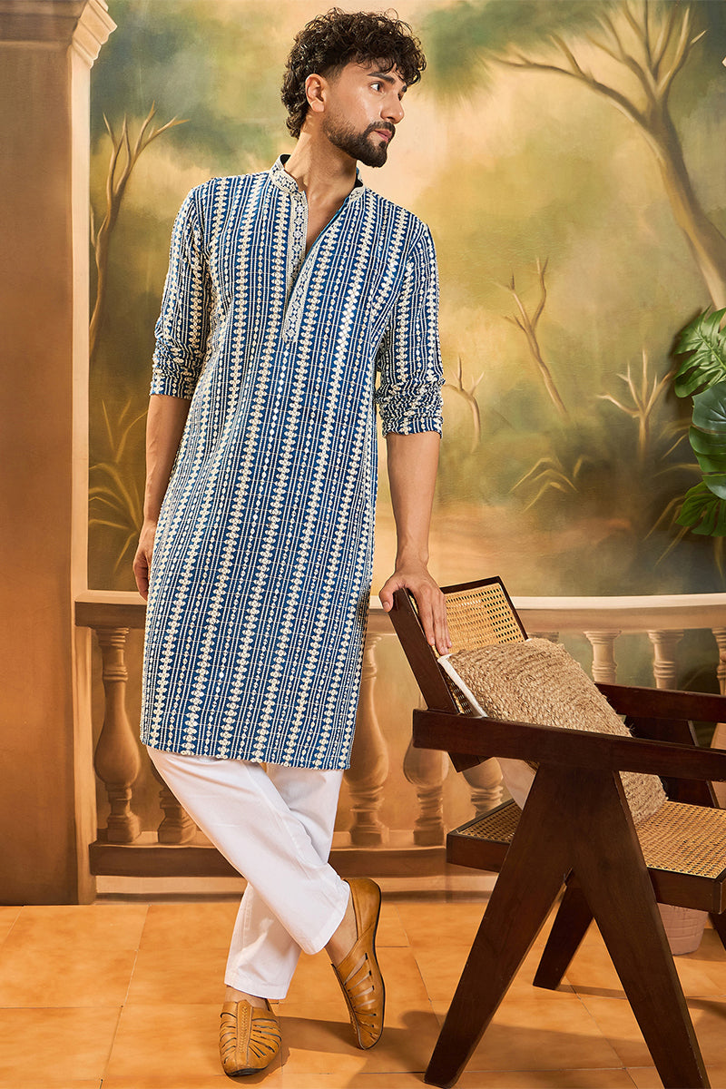 Blue Viscose Rayon Embroidered Kurta With Trousers MKSET1412