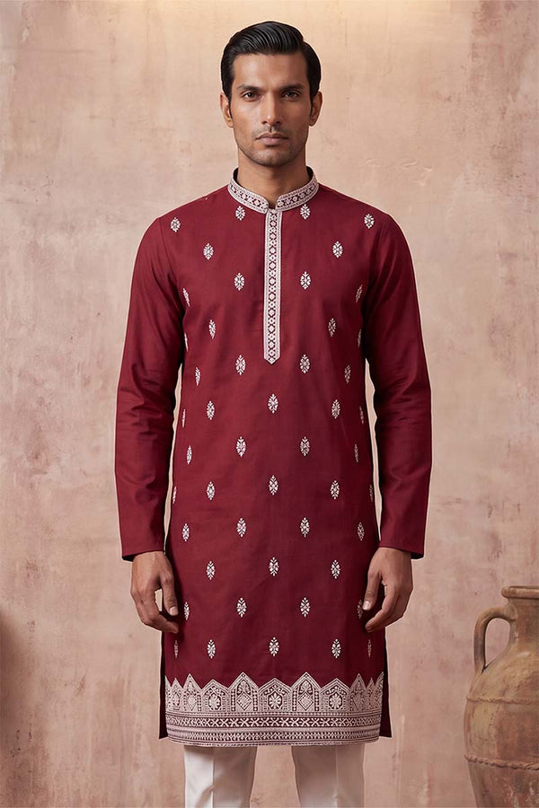 Silk Blend Maroon Solid Embroidered Calf Length Straight Kurta With Trousers MKSET2270