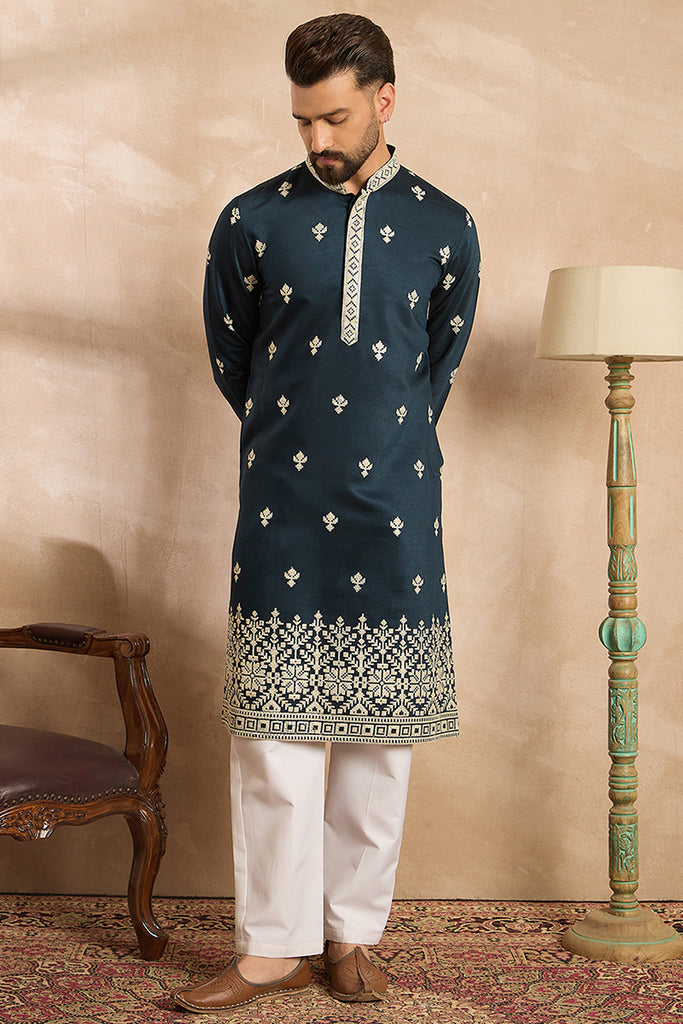Navy Blue Polyester Solid Embroidered Straight Kurta With Trouser MKSET1810