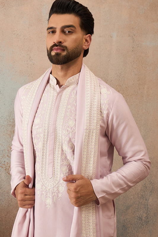 Lavender Silk Blend Solid Embroidered Kurta With Dupatta MKUD1038