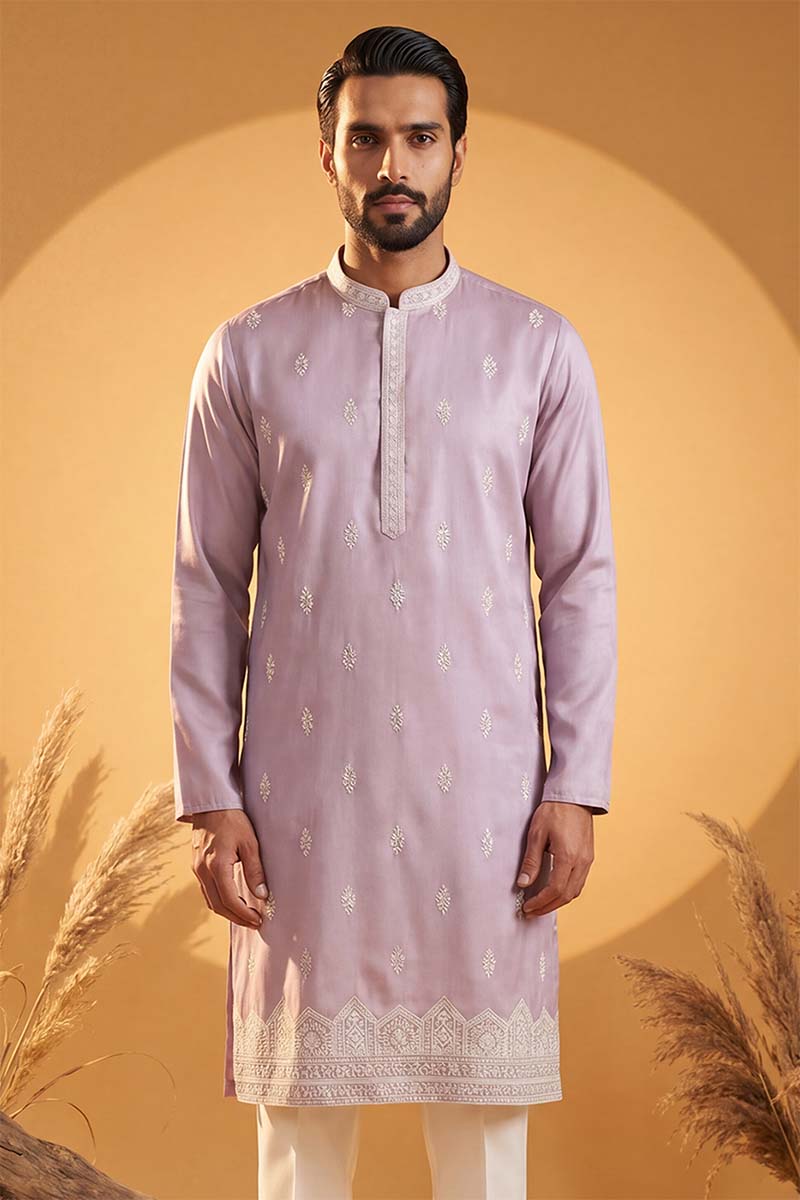 Lavender Silk Blend Solid Embroidered Kurta MKU2269