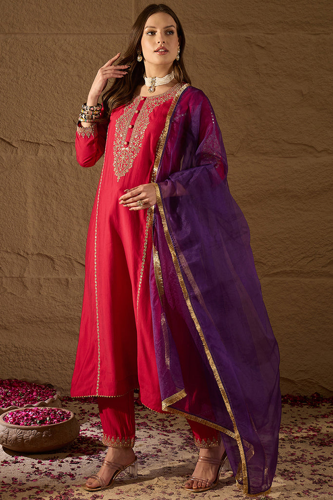 Red Silk Blend Solid Embroidered A-Line Kurta Trouser with Dupatta PKSKD2842