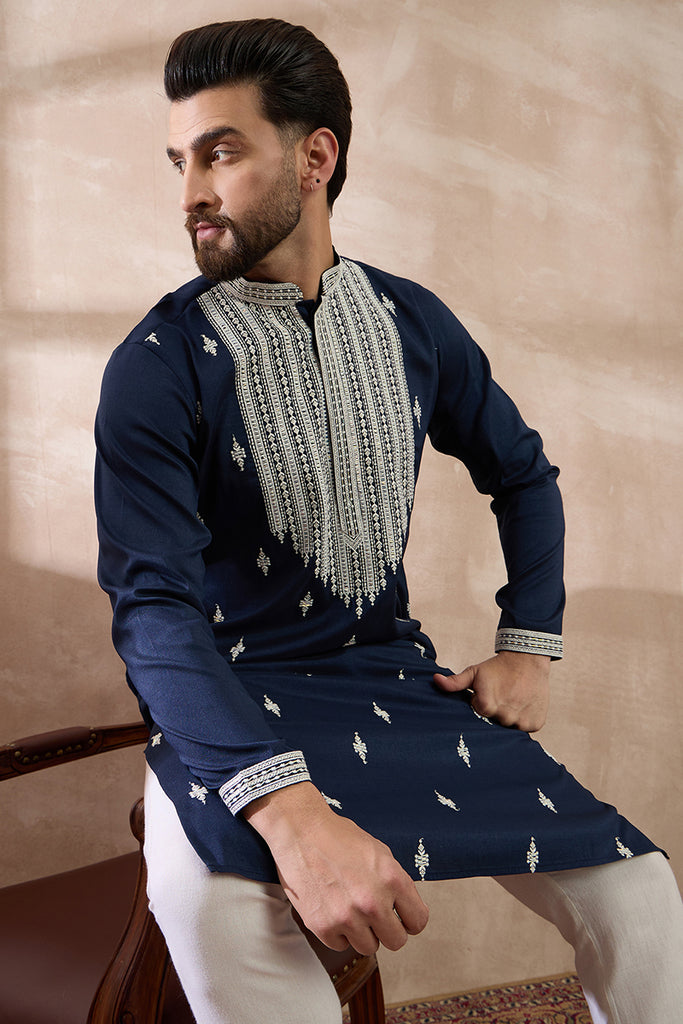 Navy Blue Silk Blend Embroidered Mandarin Collar Straight Kurta With Trouser MKSET1795
