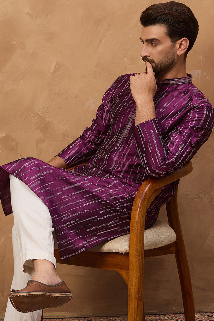 Purple Silk Blend Geometric Printed Straight Kurta MKU1518