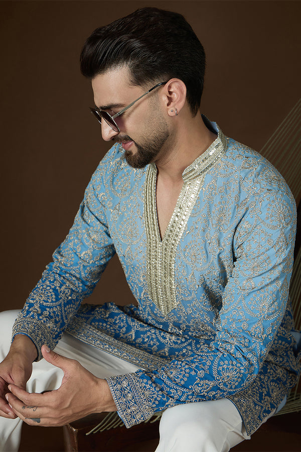 Blue Georgette Ethnic Motifs Embroidered Mandarin Collar Kurta MKU2586