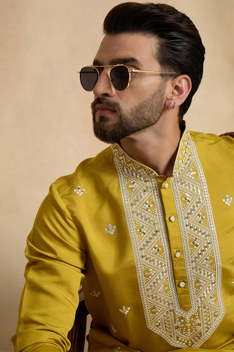 Yellow Silk Blend Solid Embroidered Kurta With Trouser MKSET2412