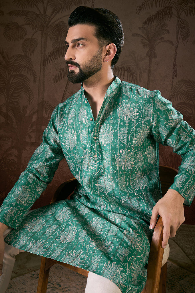 Teal Silk Blend Floral Printed Straight Kurta MKU1971