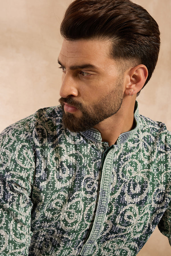 Green Viscose Rayon Batik Embroidered Straight Kurta With Trouser MKSET1718