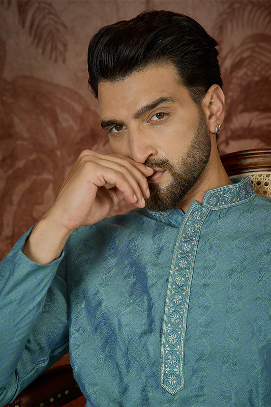 Teal Jacquard Solid Embroidered Kurta MKU2502