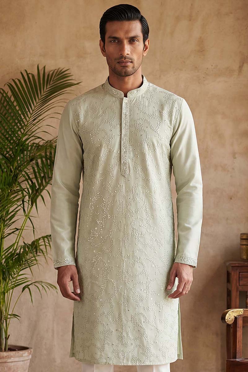 Silk Blend Green Solid Embroidered Calf Length Straight Kurta MKU2133