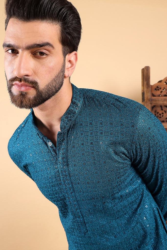 Teal Viscose Rayon Solid Embroidered Straight Kurta For Men MKU1022TIL