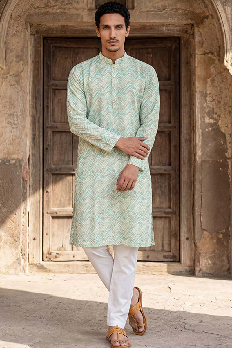 Green Cotton Blend Chevron Embroidered Kurta MKU2068