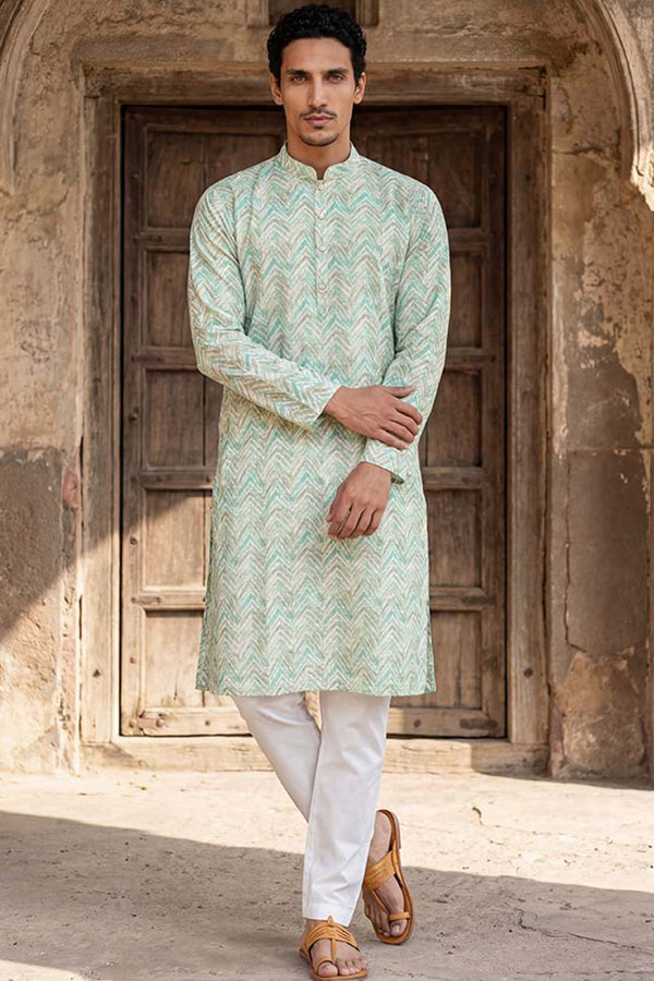 Green Cotton Blend Chevron Embroidered Kurta MKU2068