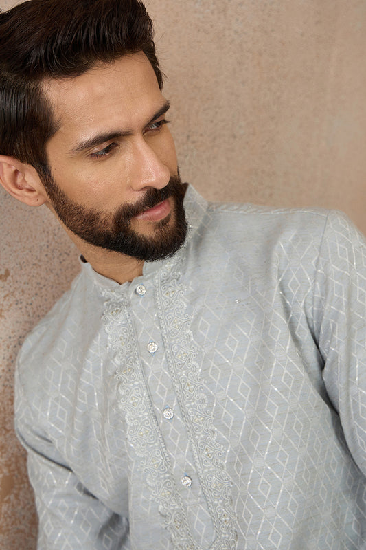 Blue Linen Self Design Embroidered Kurta With Trouser MKSET2367