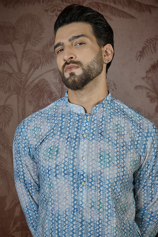 Blue Linen Ethnic Motifs Printed Regular Kurta MKU2434