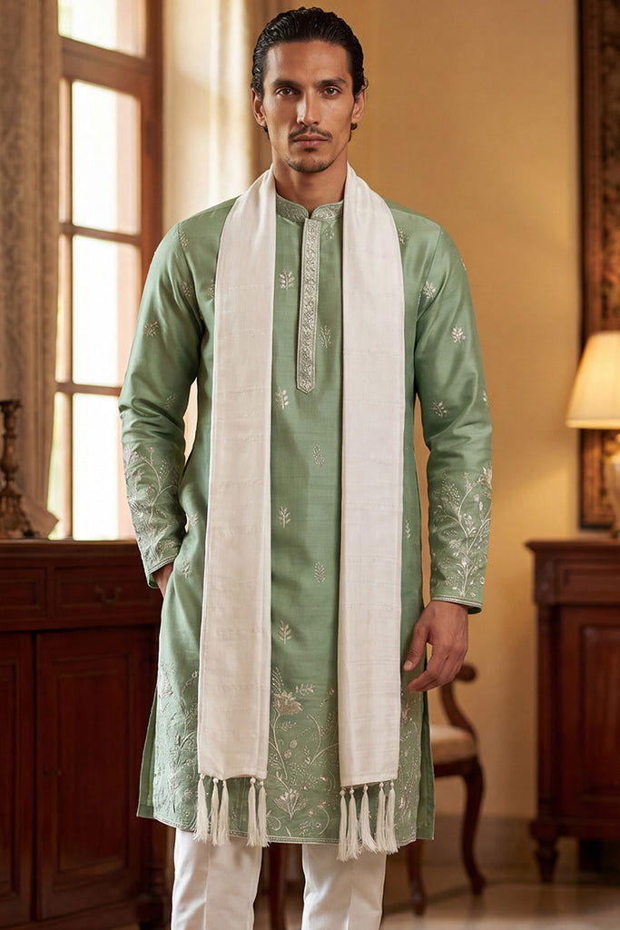 Green Silk Blend Solid Embroidered Straight Kurta Sets MKPD1783