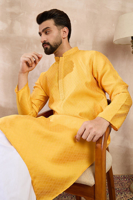 Yellow Silk Blend Solid Embroidered Straight Kurta MKU1737