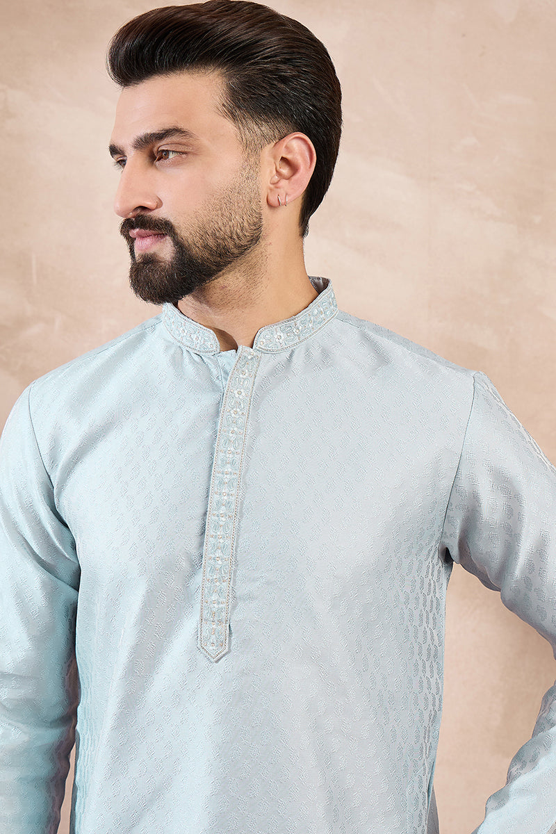 Blue Silk Blend Solid Woven Design Straight Kurta With Trouser MKSET1899