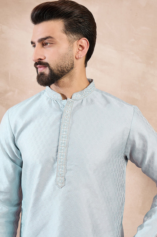 Blue Silk Blend Solid Woven Design Straight Kurta With Trouser MKSET1899