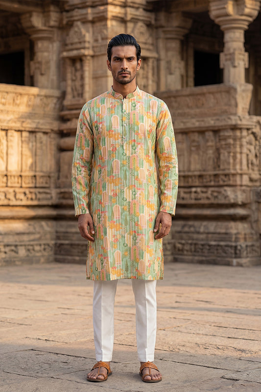 Green Silk Blend Printed Straight Kurta MKU2118