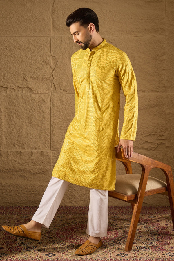 Yellow Viscose Rayon Solid Embroidered Straight Kurta MKU1204