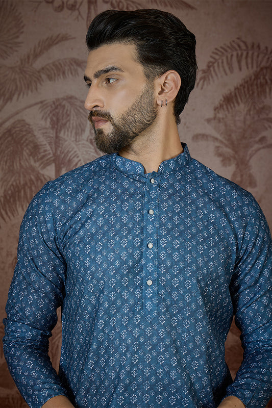 Blue Linen Floral Print Regular Kurta With Trouser MKSET2433
