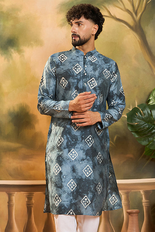 Blue Silk Blend Batik Embroidered Straight Kurta with Trouser MKSET1465