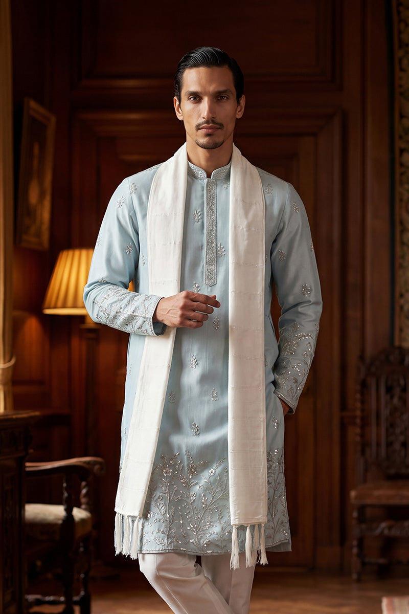 Blue Silk Blend Solid Embroidered Straight Kurta Sets MKPD1785