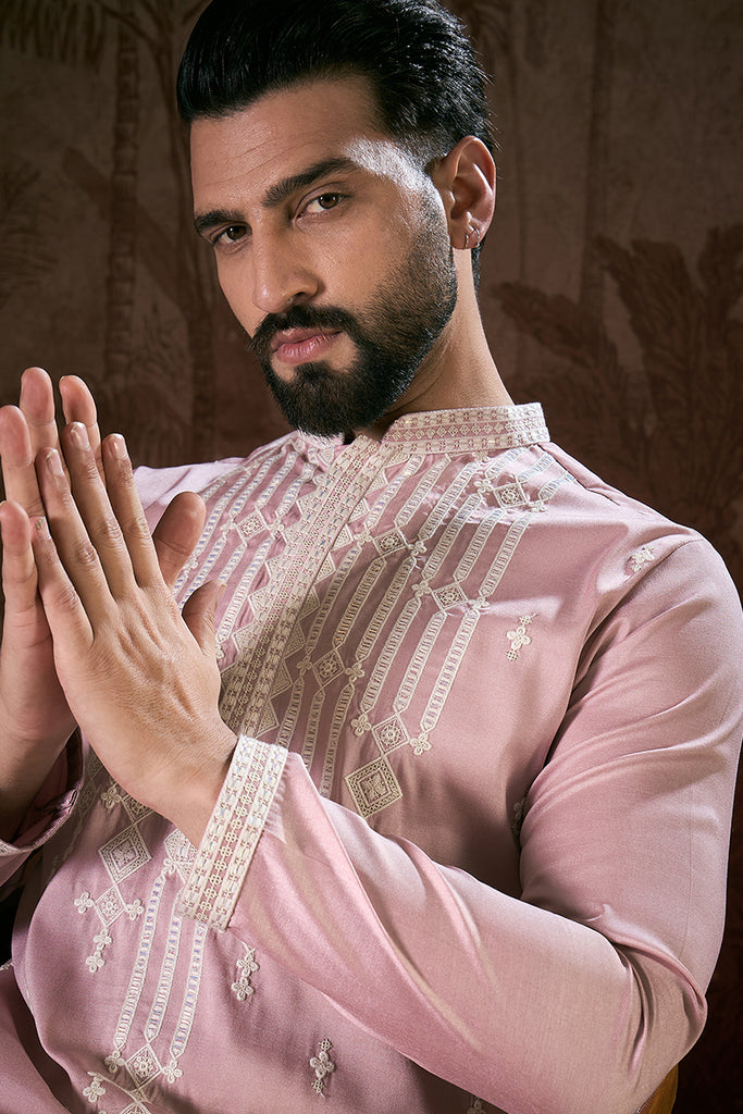 Pink Silk Blend Solid Embroidered Straight Kurta With Trouser MKSET1788