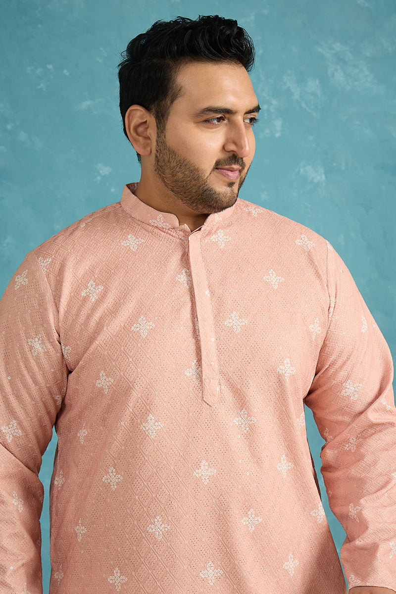 Peach Viscose Rayon Bandhani Thread Work Embroidered Kurta MKU1587