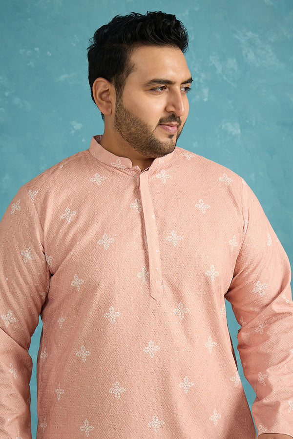 Peach Viscose Rayon Bandhani Thread Work Embroidered Kurta MKU1587