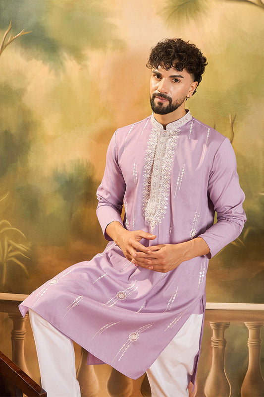 Lavender Silk Blend Solid Embroidered Straight Kurta with Trouser MKSET1489