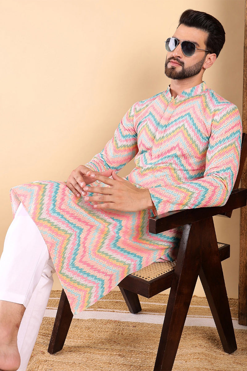 Teal Viscose Rayon Chevron Embroidered Straight Kurta For Men MKU1008TIL