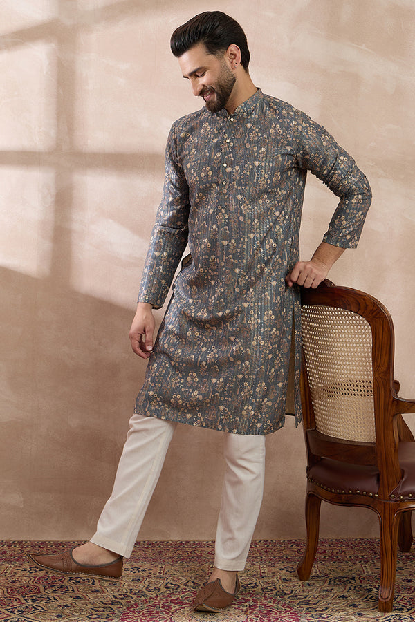 Grey Silk Blend Printed Mandarin Collar Straight Kurta With Trouser MKSET1931