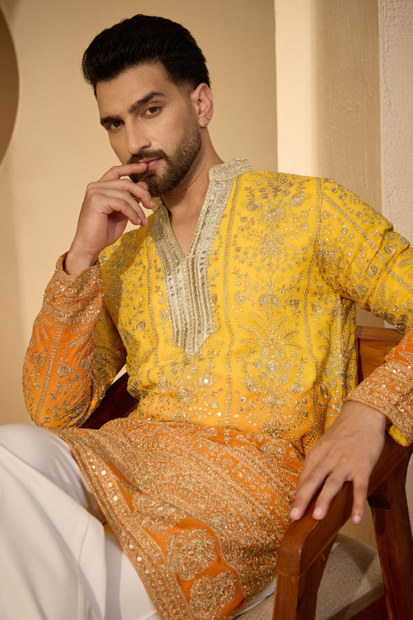 Yellow Georgette Solid Embroidered V-Neck Kurta MKU2585