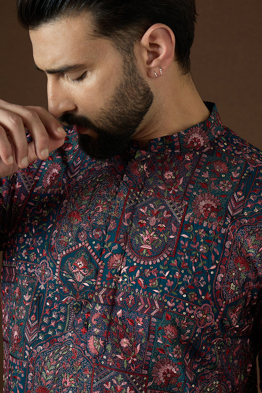 Blue Georgette Solid Embroidered Kurta With Trouser MKSET1872