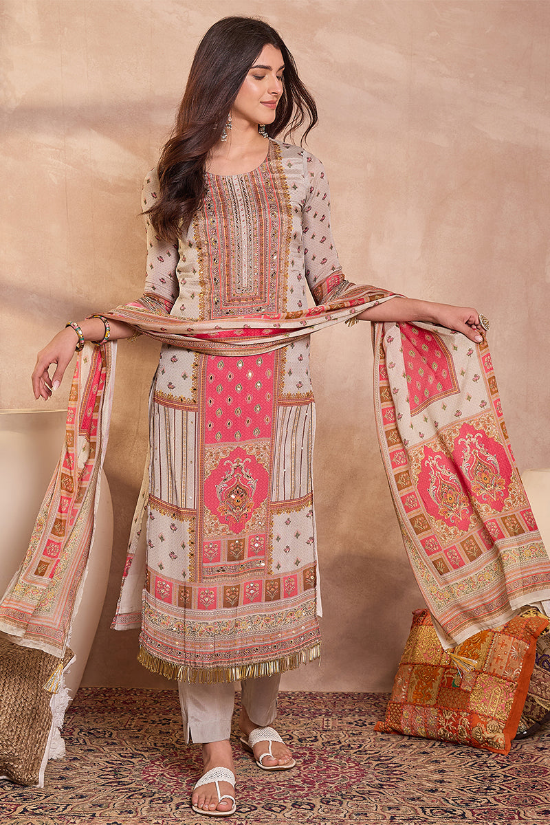 Multi Viscose Rayon Embroidered Kurta Trouser With Dupatta  HPKSKD2974