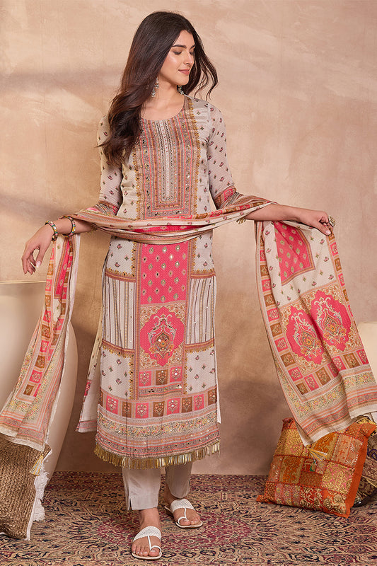 Multi Viscose Rayon Embroidered Kurta Trouser With Dupatta  HPKSKD2974