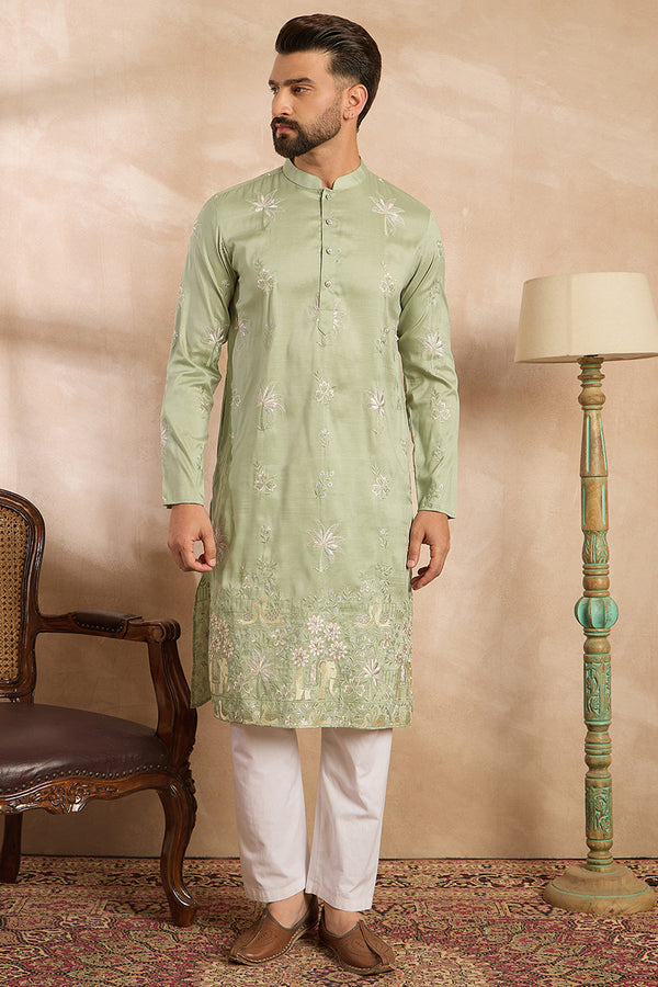 Olive Silk Blend Solid Embroidered Straight Kurta MKU1682