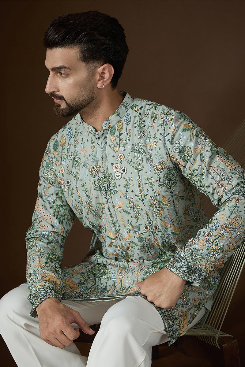 Sea Green Georgette Solid Embroidered Kurta With Trouser MKSET2729