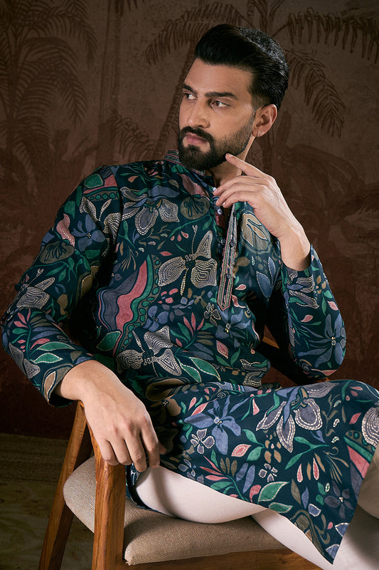 Blue Silk Blend Floral Printed Straight Kurta With Trouser MKSET1962