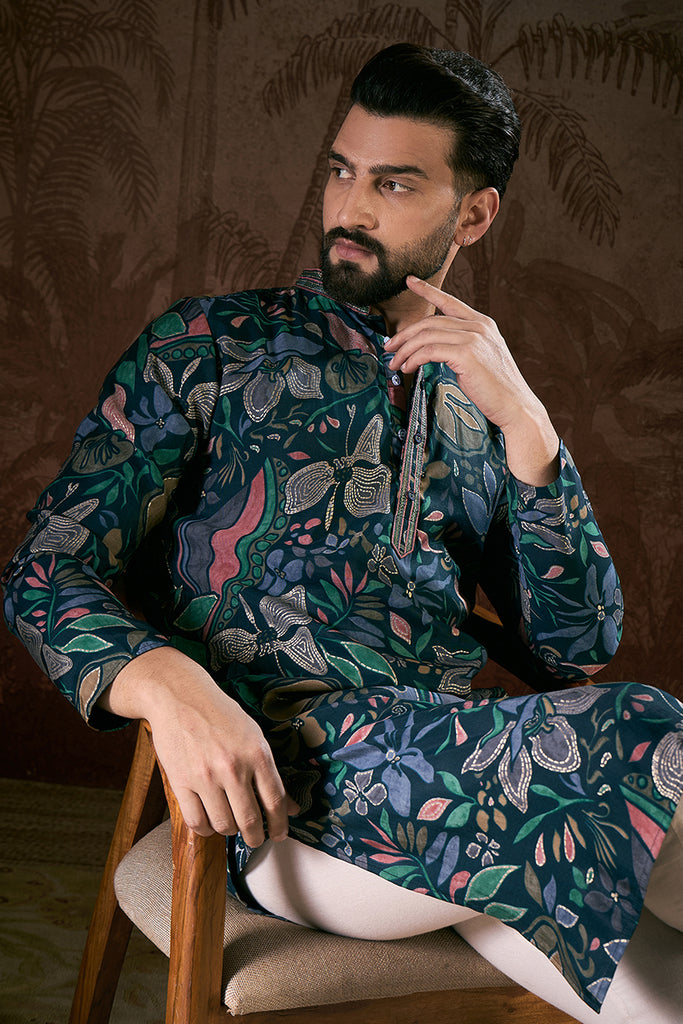 Blue Silk Blend Floral Printed Straight Kurta With Trouser MKSET1962