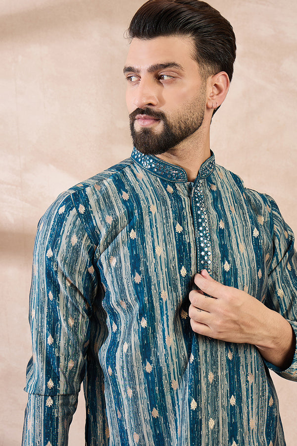 Turquoise Blue Silk Blend Abstract Printed Straight Kurta With Trouser MKSET2005